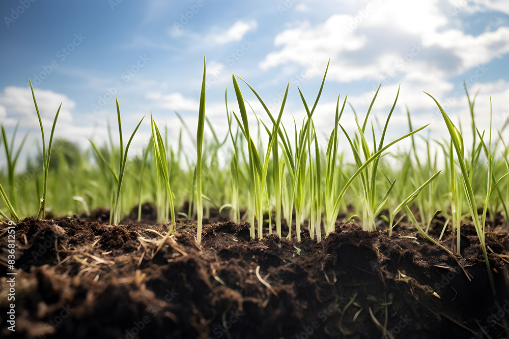 Tender shoots of grass rise from dark soil to meet the blue sky