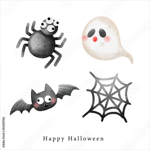 cute spider with spider web ,cute ghost and little bat illustration horor for Halloween element decoration