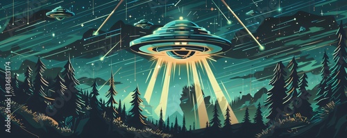 Vibrant illustration celebrating world ufo day with retro futuristic flying saucers over a forest landscape photo