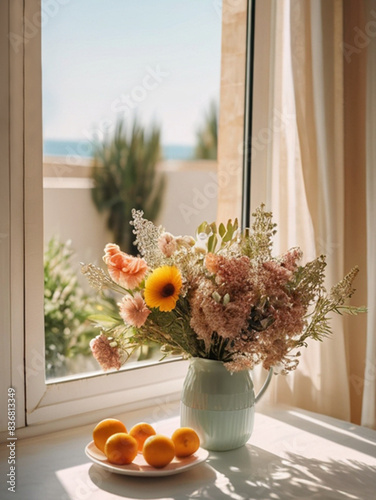 Beautifully arranged divine garden-fresh bouquet in vase standing on table in luxury mediterranean house © triocean