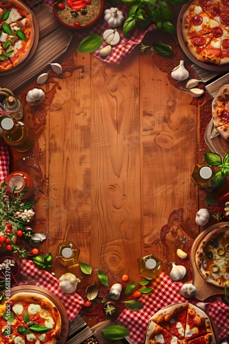 Rustic wooden textured template background with delicious pizzas and fresh ingredients on top