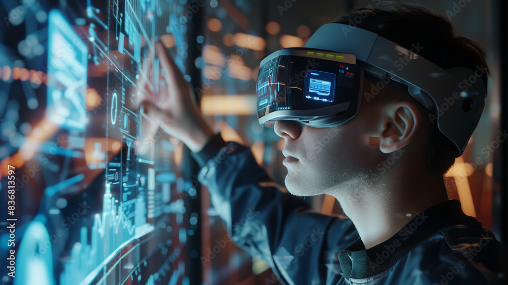 Augmented reality device on man face, technology concept Augmented reality device on man face, technology concept