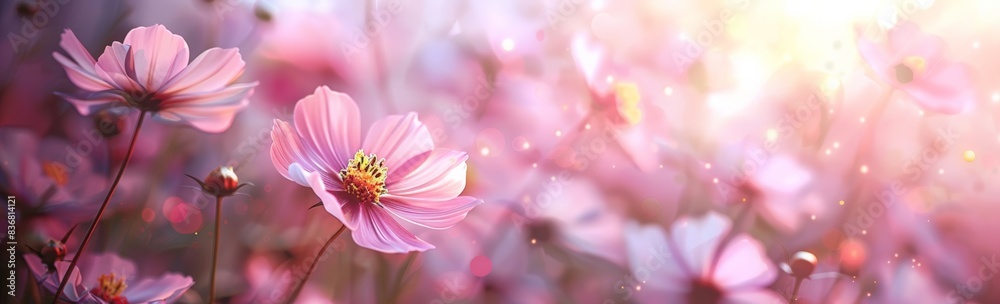 Beautiful cosmos flowers in the garden with a blurred background, a spring floral landscape banner, a panoramic view, spring meadow flower field Beautiful cosmos flowers in the garden with a blurred background, a spring floral landscape banner, a panoramic view, spring meadow flower field