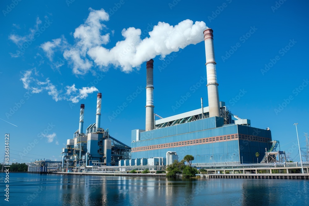 a large industrial plant with tall smokestacks emitting plumes of white smoke into a clear blue sky a large industrial plant with tall smokestacks emitting plumes of white smoke into a clear blue sky