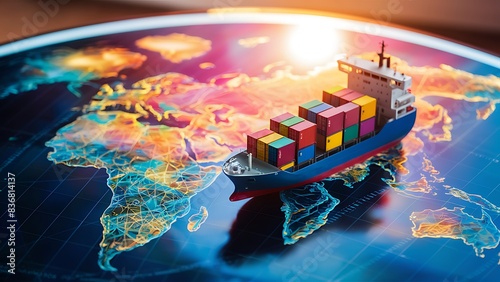 Miniature Cargo Ship with Colorful Containers on World Map Sailing Trade Routes at Sunrise/Sunset Highlighting Global Commerce