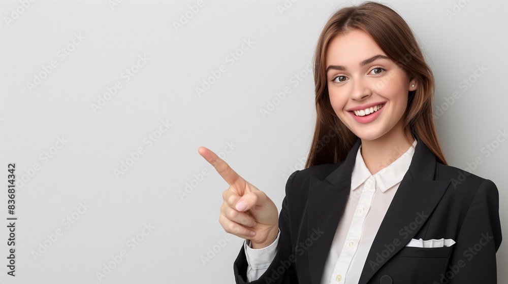 A professional young woman with a friendly smile, standing against a minimalist office background, pointing to the side while maintaining eye contact with the camera, showcasing copy space. A professional young woman with a friendly smile, standing against a minimalist office background, pointing to the side while maintaining eye contact with the camera, showcasing copy space.
