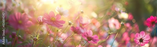 Beautiful cosmos flowers in the garden with a blurred background, a spring floral landscape banner, a panoramic view, spring meadow flower field