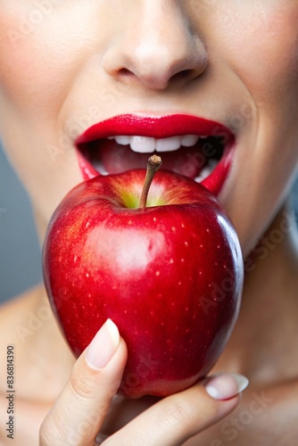 Close-Up of a Woman’s Mouth Trying to Bite a Juicy Red Apple