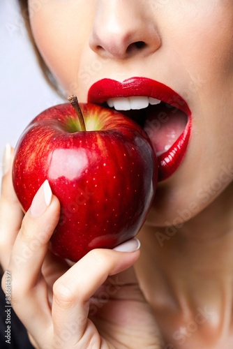 Close-Up of a Woman’s Mouth Trying to Bite a Juicy Red Apple