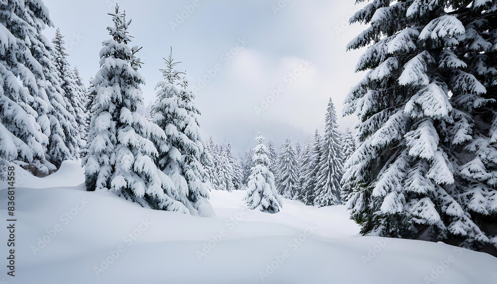 Fototapeta premium winter forest landscape with trees and snow