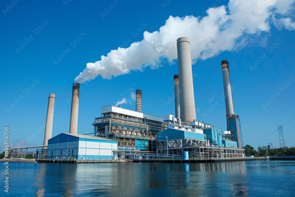 a large industrial plant with tall smokestacks emitting plumes of white smoke into a clear blue sky a large industrial plant with tall smokestacks emitting plumes of white smoke into a clear blue sky