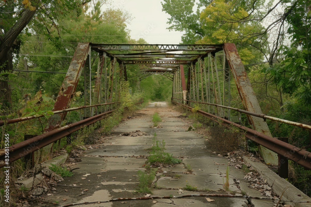Old, rusted bridge with dilapidated roadway surrounded by lush green foliage Old, rusted bridge with dilapidated roadway surrounded by lush green foliage