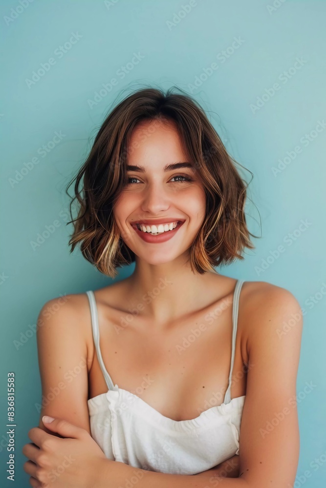 Photo of charming attractive woman cute bob hairstyle crossed arms confident person friendly smile pastel blue background Photo of charming attractive woman cute bob hairstyle crossed arms confident person friendly smile pastel blue background