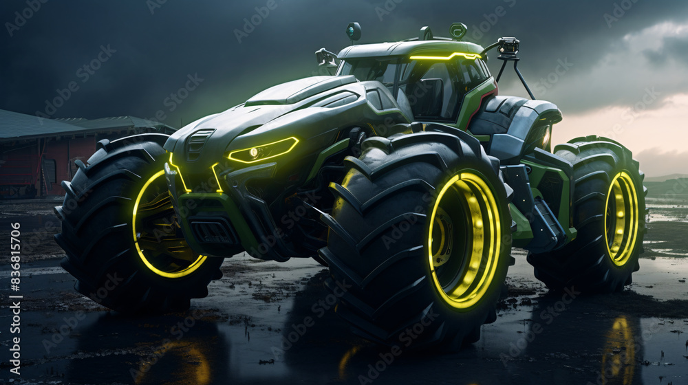 Futuristic suv car with neon light and big wheels Futuristic suv car with neon light and big wheels