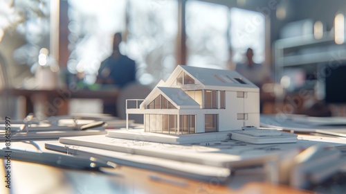 Advanced real estate office featuring a concept 3D render model of a house on a table, agents engaged in signing mortgage contracts and explanations, background intentionally blurred