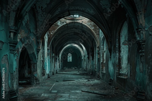 Haunting view of a decaying gothic cathedral s corridor with arches