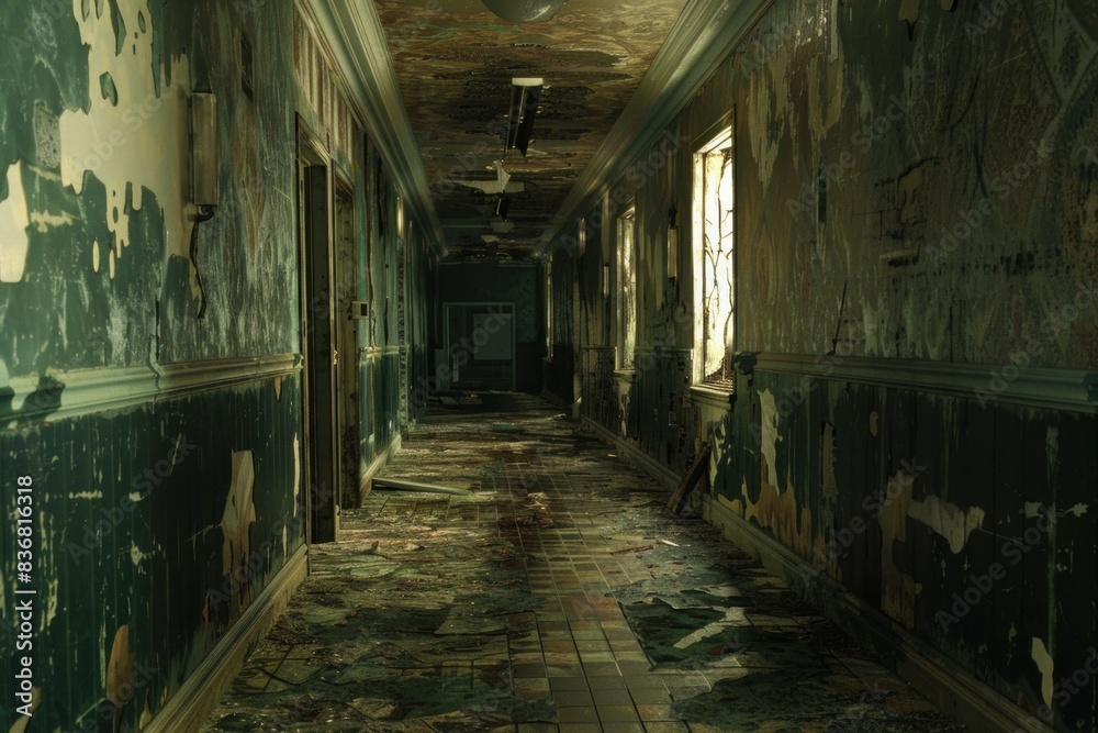 Decrepit hallway in an abandoned building, with walls showing signs of decay and neglect