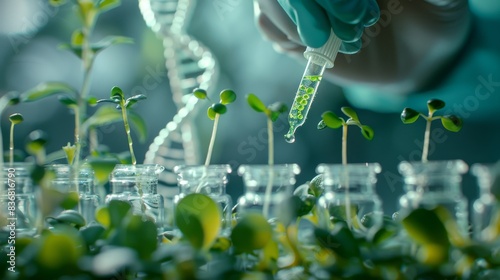 Advanced Biotechnology Research on Plant Growth and and DNA Helix in Laboratory. Generative ai.