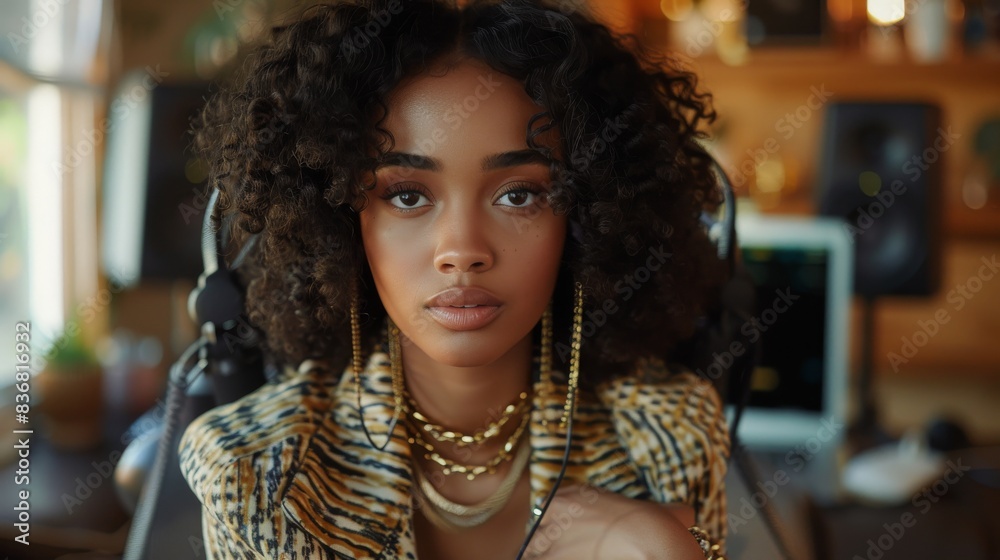 Elegant Young Woman with Curly Hair in Stylish Home Studio. Generative ai Elegant Young Woman with Curly Hair in Stylish Home Studio. Generative ai