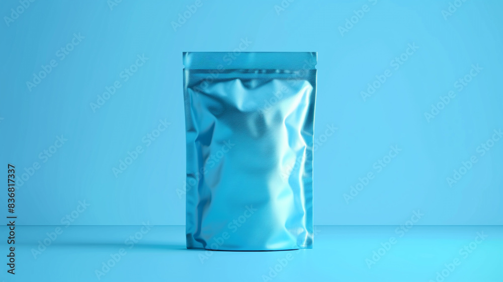 A multi-sided vertical pouch with a 3D perspective, designed for displaying coffee, pet food, or household items, set against a solid blue background, A multi-sided vertical pouch with a 3D perspective, designed for displaying coffee, pet food, or household items, set against a solid blue background,