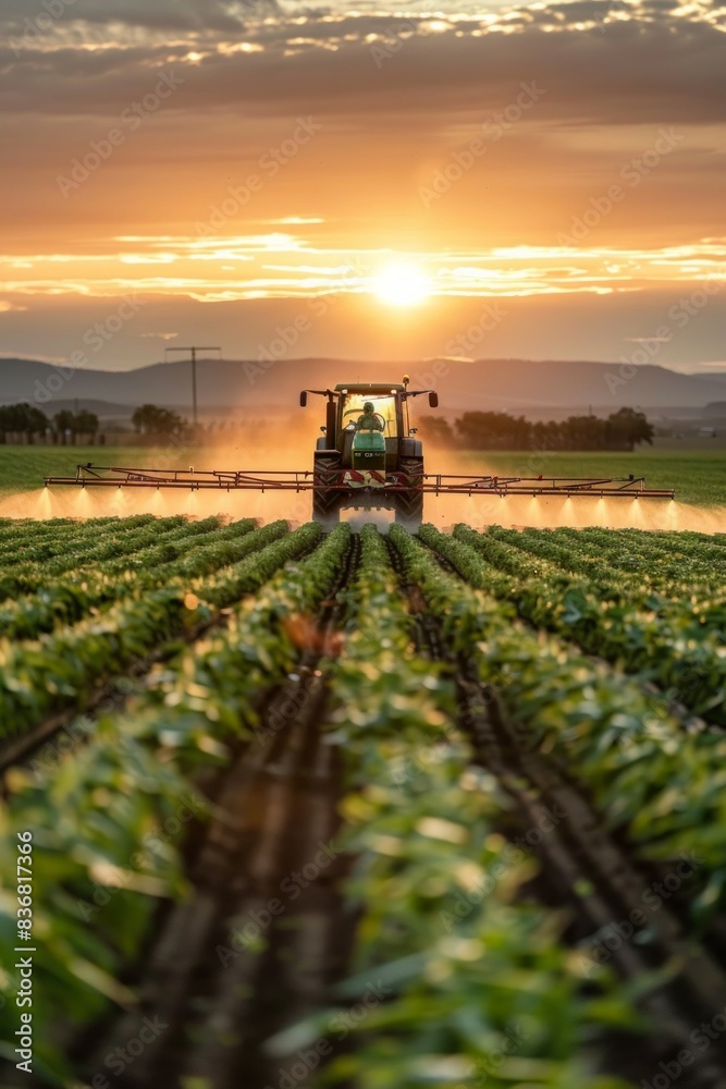 Irrigation tractor tending agricultural crop sunset Banner design integrates infographic data Irrigation tractor tending agricultural crop sunset Banner design integrates infographic data