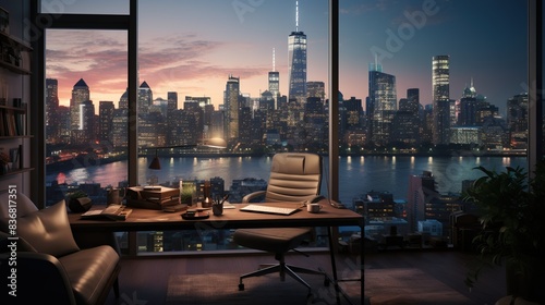 A dynamic shot of a home office with a panoramic view of a bustling city skyline, showcasing a blend of productivity and urban sophistication in a remote work environment 