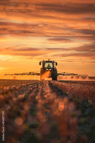 Irrigation tractor tending agricultural crop sunset Banner design integrates infographic data