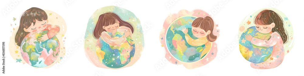 Cute cartoon girl hugging the Earth planet use for sticker and clipart Cute cartoon girl hugging the Earth planet use for sticker and clipart