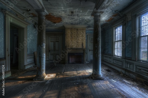 Haunting view of an abandoned mansion's interior, showcasing decay and desolation