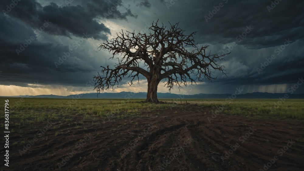 Solitary Dead Tree, Cloudy Landscape Solitary Dead Tree, Cloudy Landscape