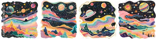 cartoon Space fill with stars and planet for sticker