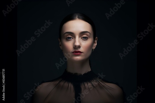 portrait of expressionless young woman with serious posture in front of black background