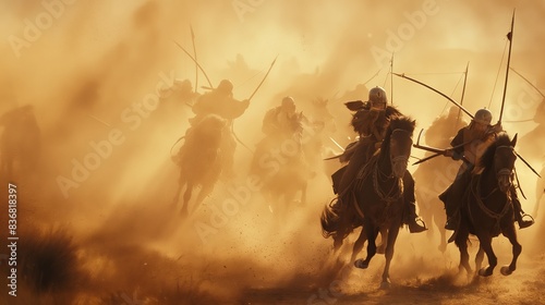 Mongol Cavalry Charge with Warriors on Horseback Thundering Across the Battlefield photo