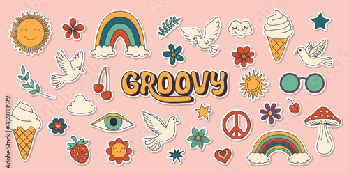 Vector Vintage Groovy Icons, Design Elements for Poster, Sticker Design. Retro Symbol in Hippie 70s Style, Mushroom, Flowers, Eye, Anti-War Peace Symbols. Vector Illustration