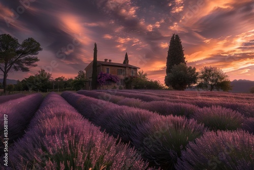 Breathtaking sunset sky over a serene lavender field with a picturesque country house in the distance