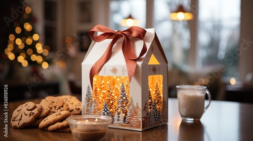 A festive packaging concept for holiday cookies, with a cozy, festive setting in the background   photo