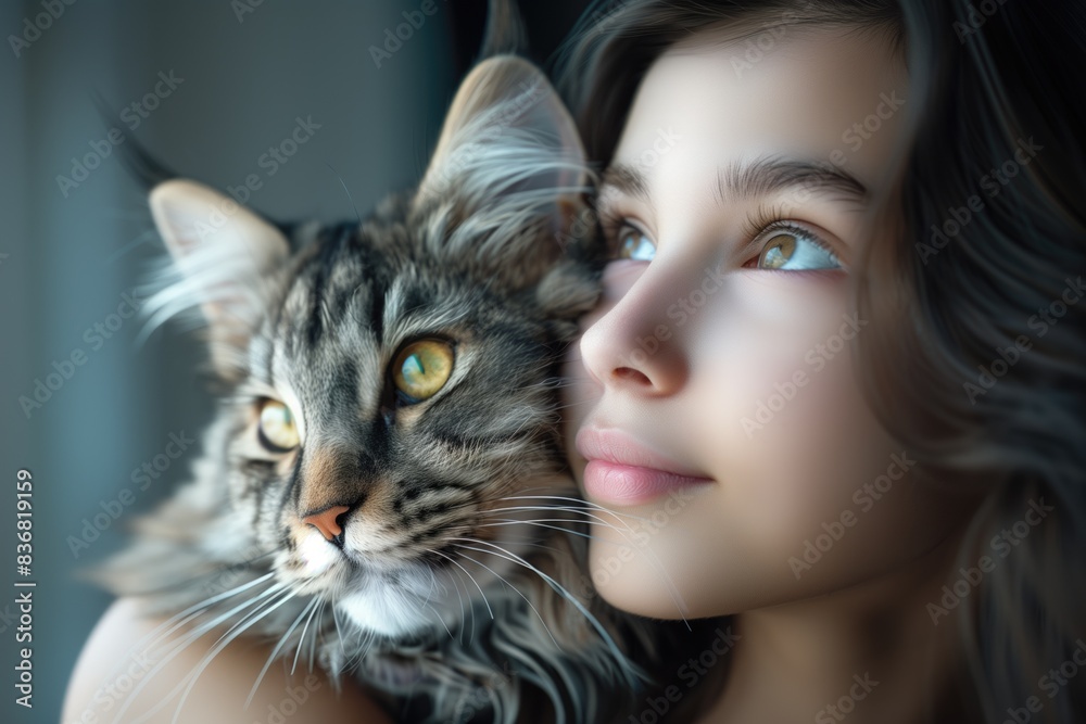 Indoor photo from a little girl with her cute maine coon cat, at home Indoor photo from a little girl with her cute maine coon cat, at home