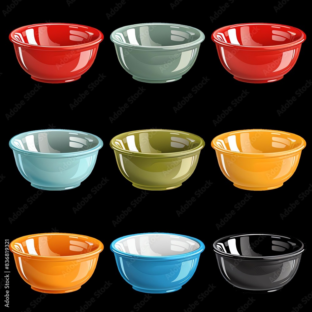 Set of colorful ceramic bowls arranged in a 3x3 grid on a black background. Each bowl in a unique vibrant color. Set of colorful ceramic bowls arranged in a 3x3 grid on a black background. Each bowl in a unique vibrant color.