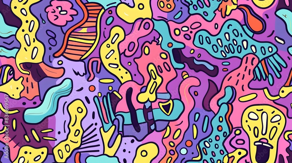 Vibrant Doodle Inspired Seamless Pattern with Playful Organic Shapes and Textures