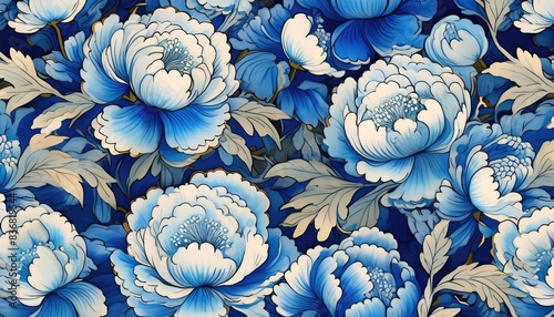 Intricate Blue and White Floral Pattern with Focal Flower