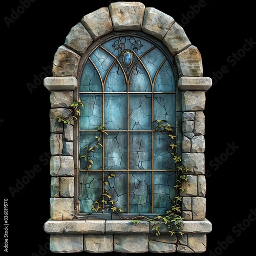 Vintage stone arch window with climbing ivy and weathered stained glass, portraying a medieval architectural design against a black background.