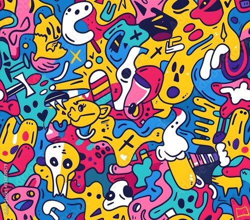 Vibrant Doodle Inspired Seamless Pattern with Dynamic Shapes and Playful Color Scheme