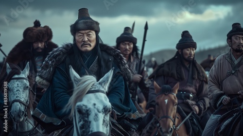 Genghis Khan Leading His Warriors on Horseback in Traditional Mongolian Attire