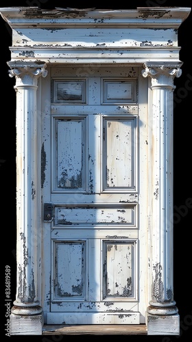 Vintage weathered wooden door with peeling paint and ornate architectural columns, isolated on black background. photo