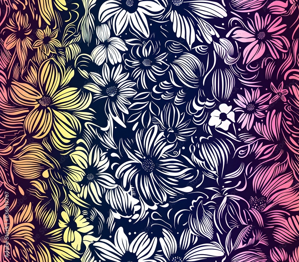 Vibrant Monochrome Doodle Pattern with Rainbow Gradient Backdrop Vibrant Monochrome Doodle Pattern with Rainbow Gradient Backdrop