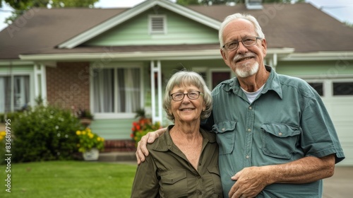 A man and woman are standing in front of a house, smiling for the camera