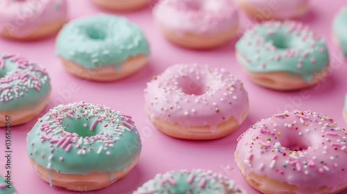 Pink and Green Glazed Donuts with Sprinkles on Pink Background © Yada