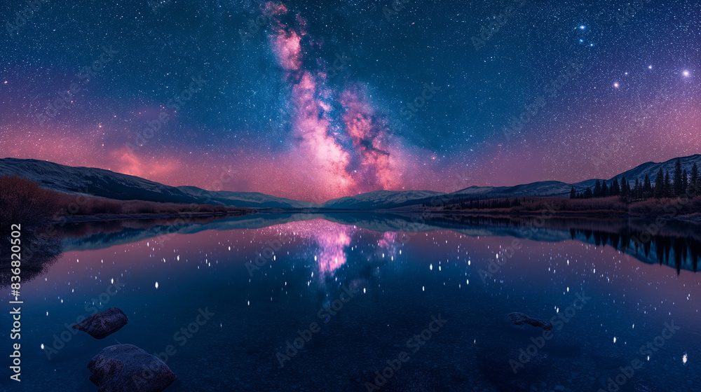 A crystal-clear lake reflecting a starry night sky with the Milky Way. A crystal-clear lake reflecting a starry night sky with the Milky Way.