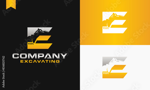excavator letter E logo design excavating vector template illustration