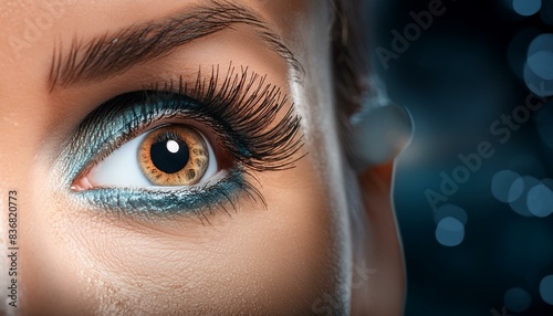  The image features a close-up of a human eye, which is the main focus. The eye is detailed with long, dark lashes and a striking blue-green iris. The background is a dark blue gradient, which contras photo